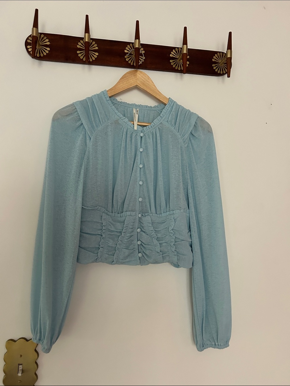 Anthropologie Pale Blue Ruffled Button-Front Blouse
